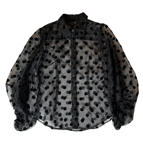 Boston Proper Sheer Black Polka Dot 3/4 Sleeve Button Up Collar Blouse sze Small - Picture 2 of 8